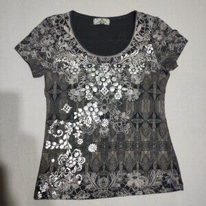 Vanilla Sugar Top woman's sz PM black & grey with metallic print floral pattern